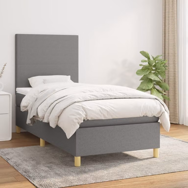 The Living Store Letto a molle con materasso grigio scuro 100x200 cm in tessuto