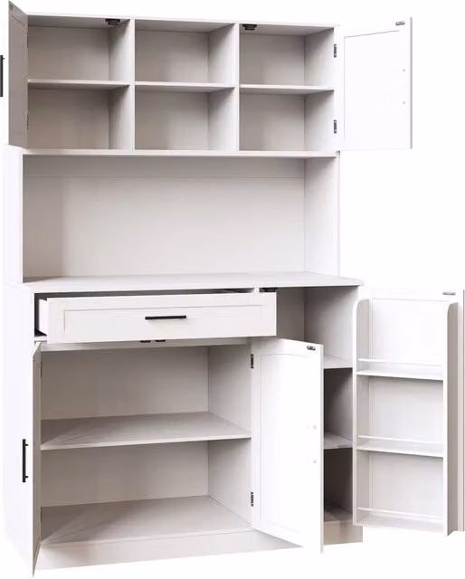 Credenza 110x38x180 cm in MDF bianco con 5 porte, illuminazione LED e presa elettrica integrata
