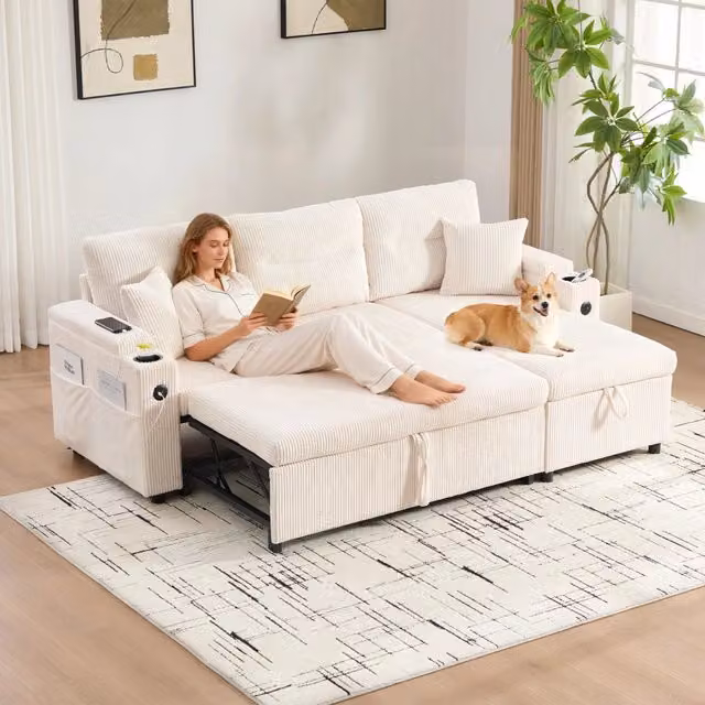 Divano letto angolare 3 posti 212;5x136x86 cm; chaise longue con sollevamento idraulico; contenitore; portabicchieri; USB-C; velluto a coste; beige