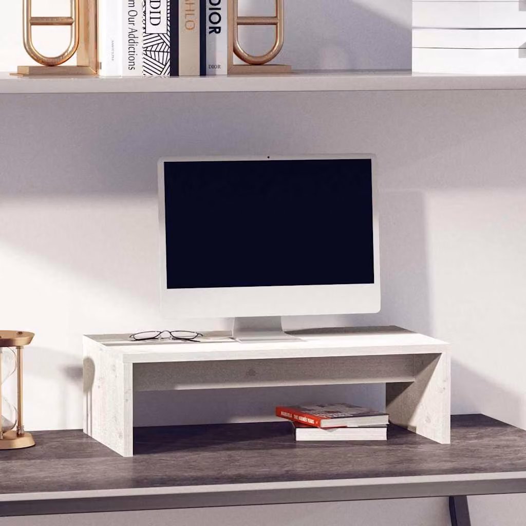 vidaXL Supporto per Monitor Bianco in Legno Massello di Pino L: 50 cm, P: 27 cm, H: 15 cm