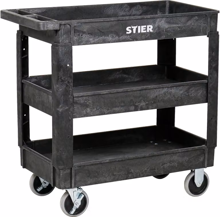 Carrello multiuso in plastica STIER, 3 ripiani, portata 250 kg, 87x43x85 cm, 2 freni, carrello di montaggio, carrello portautensili, carrello robusto, carrello portautensili, carrello multiuso