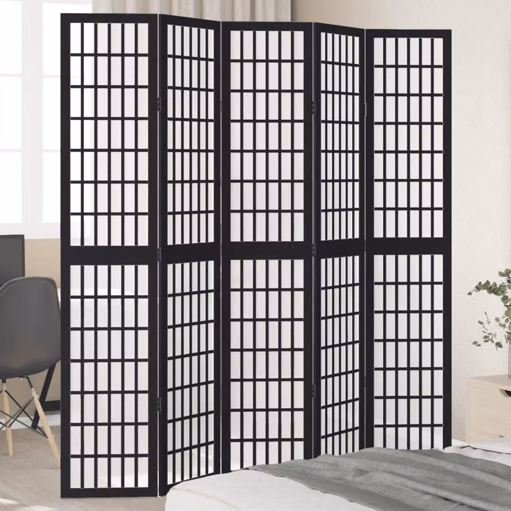 Divisorio Ambienti vidaXL con 5 Pannelli in Legno Massello di Paulownia Nero Opaco H: 180 cm, L: 200 cm