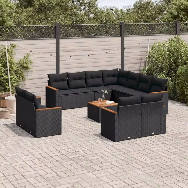 Set di divani da giardino VIDAXL in polyrattan nero con cuscini, 12 posti