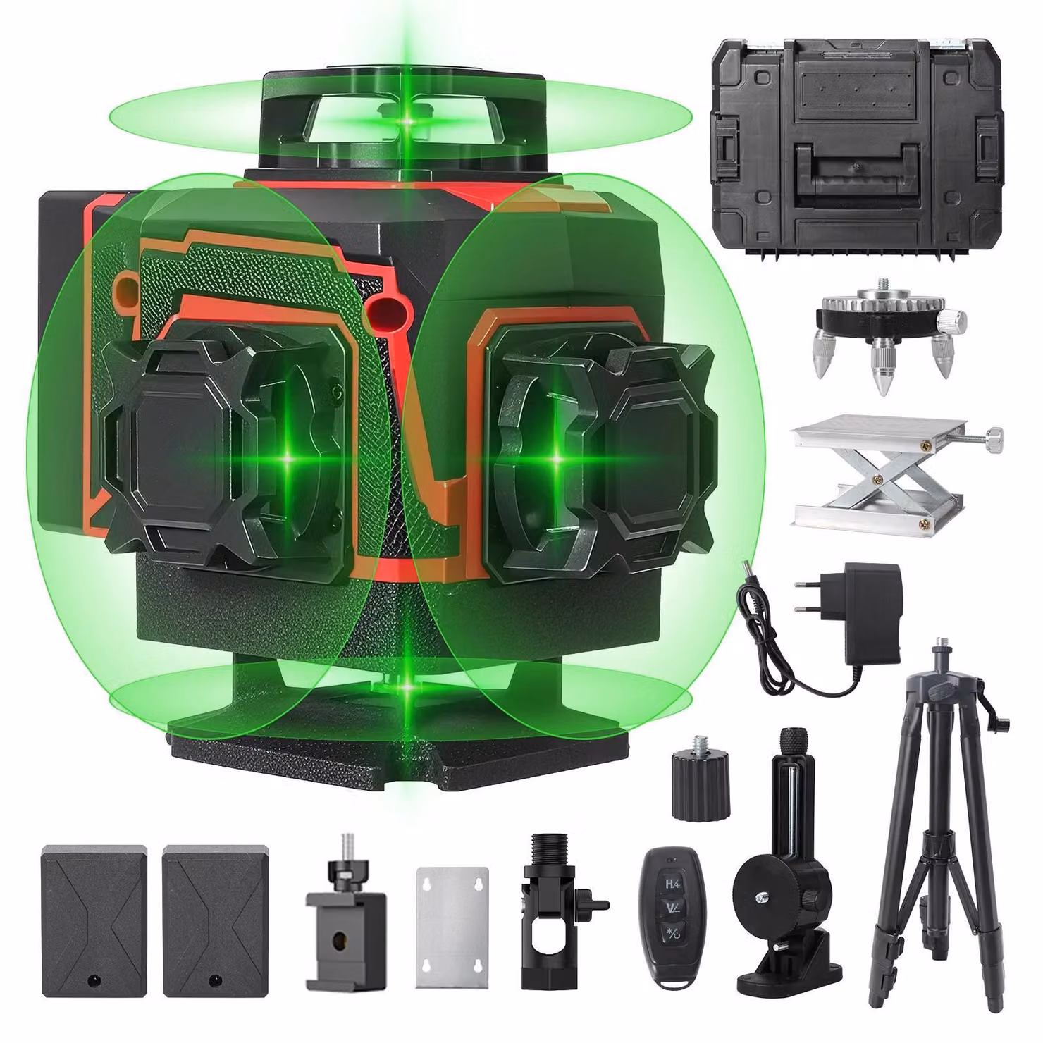 Livella laser 4D - Laser a 16 linee, con proiezione a croce - Autolivellante a 360° - Raggio verde - Con treppiede da 1 metro - 2 batterie