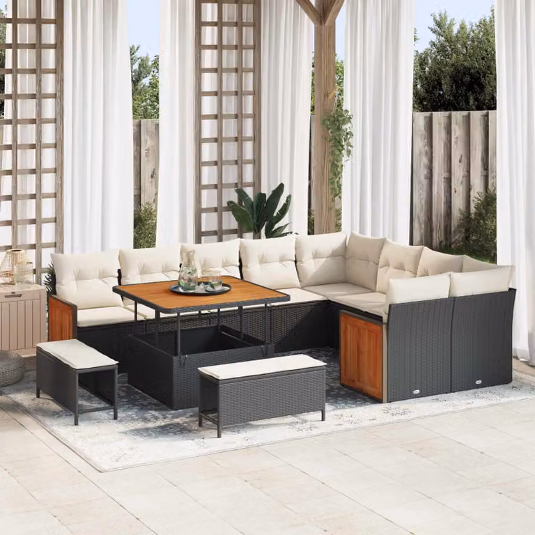 vidaXL Set Divano da Giardino Moderno a L con 12 Posti, Nero e Crema