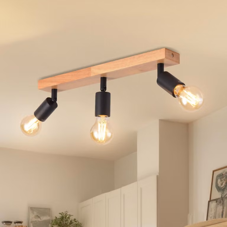 LVWIT Plafoniera a 3 luci nere, lampada da soffitto E27, 3 faretti, lampada da soffitto in legno, faretti da soffitto E27, orientabili a 350°, adatti per soggiorno, camera da letto e cucina (senza lampadine)