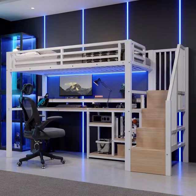 Letto a soppalco 90 × 200 cm con armadio scala, mensole, USB, porta di ricarica tipo C e LED, senza materasso, bianco