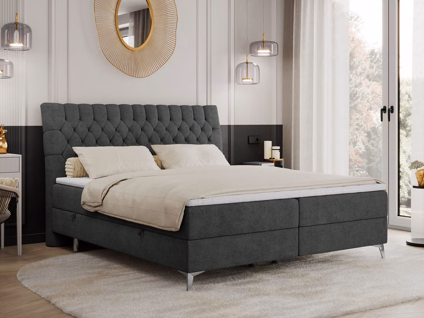 Letto con rete a molle 180x200 con 2 contenitori per biancheria, materasso e topper, letto imbottito 180x200, letto 180x200 - MILEN - 180x200 cm - Grigio scuro - Struttura - H4