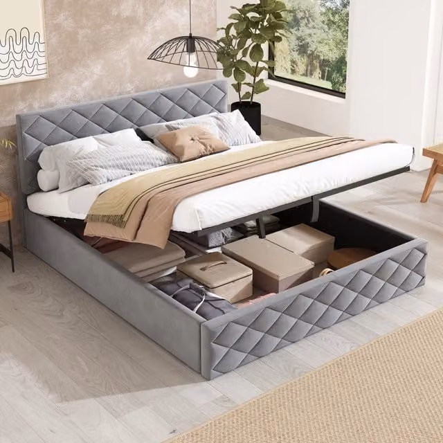 Letto contenitore 140x200 imbottito in velluto grigio con sollevamento idraulico e rete a doghe