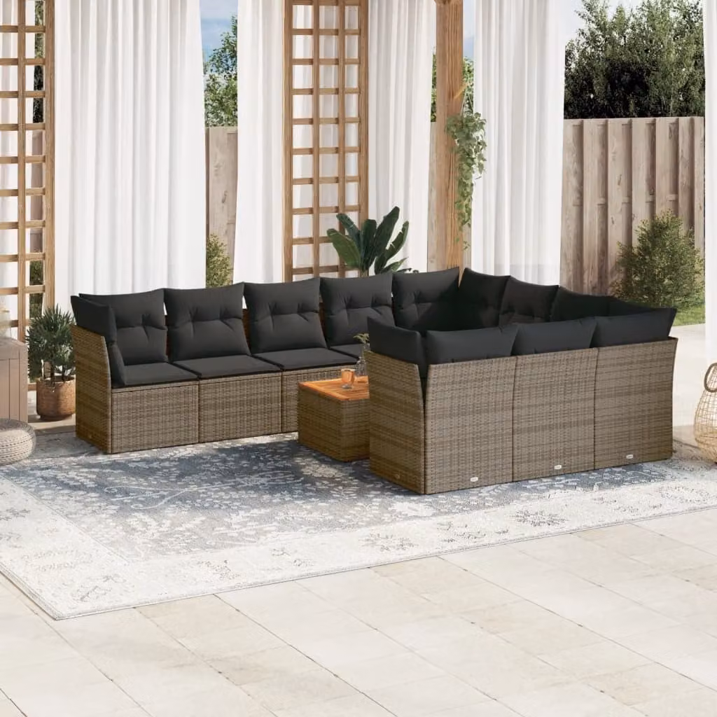 vidaXL Set Divani da Giardino 11 pz a Forma a L in Polyrattan Grigio con Cuscini e Tavolino da Esterno – 1