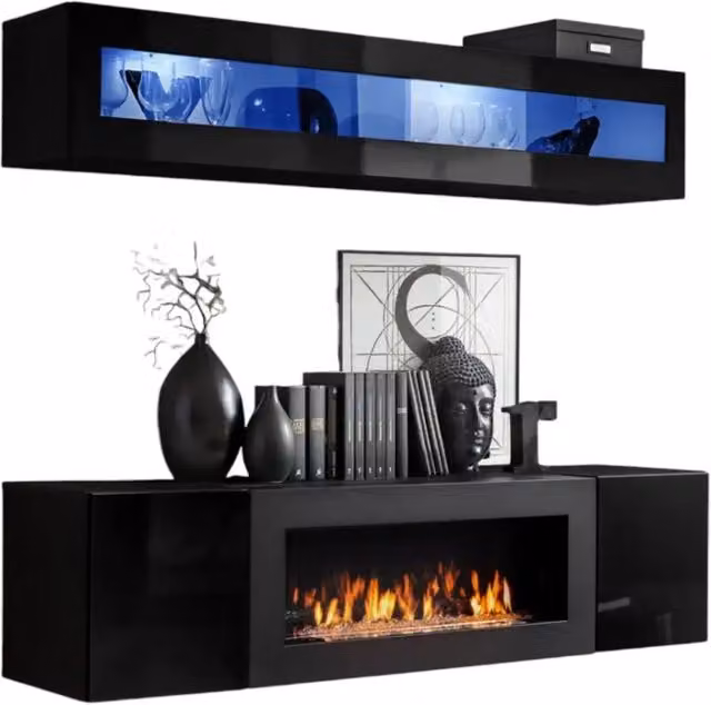 Mobili sospesi con camino decorativo collezione FLY N2. Colore nero.