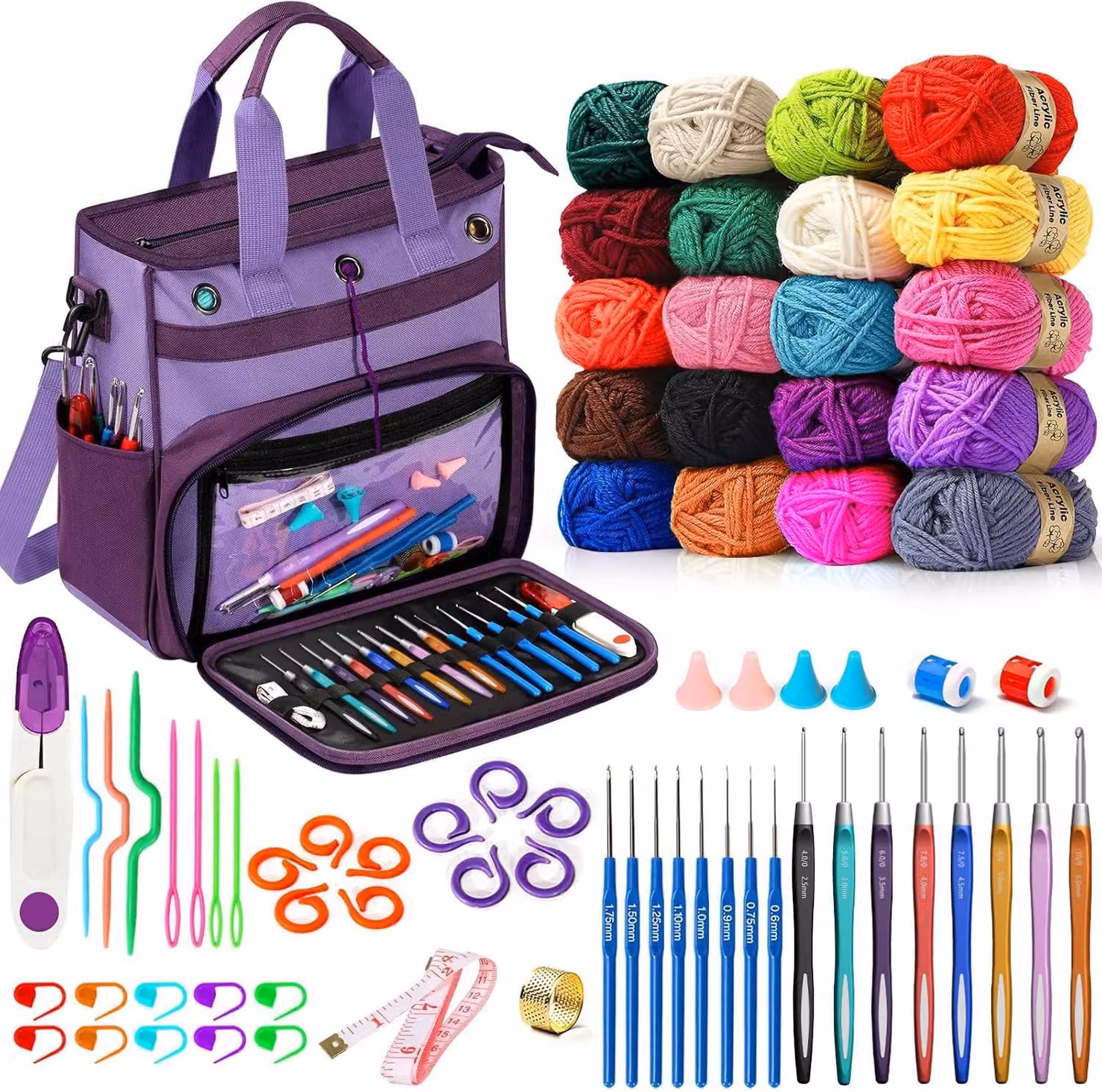 Omgoods - Set da lavoro a uncinetto per principianti, composto da 79 pezzi, con custodia