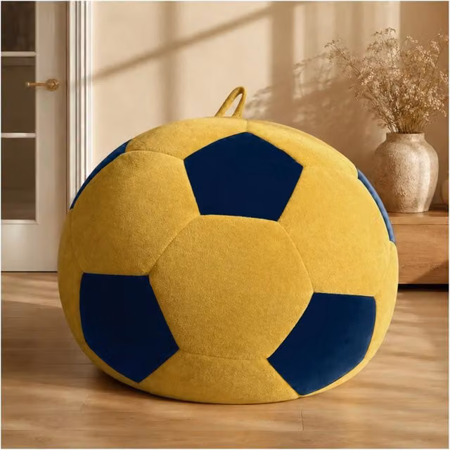 Poltrona pouf cilindrica OKWISH in flanella con design geometrico moderno, blu e giallo, H: 43.5 cm, L: 43.5 cm, P: 31.5 cm – 1