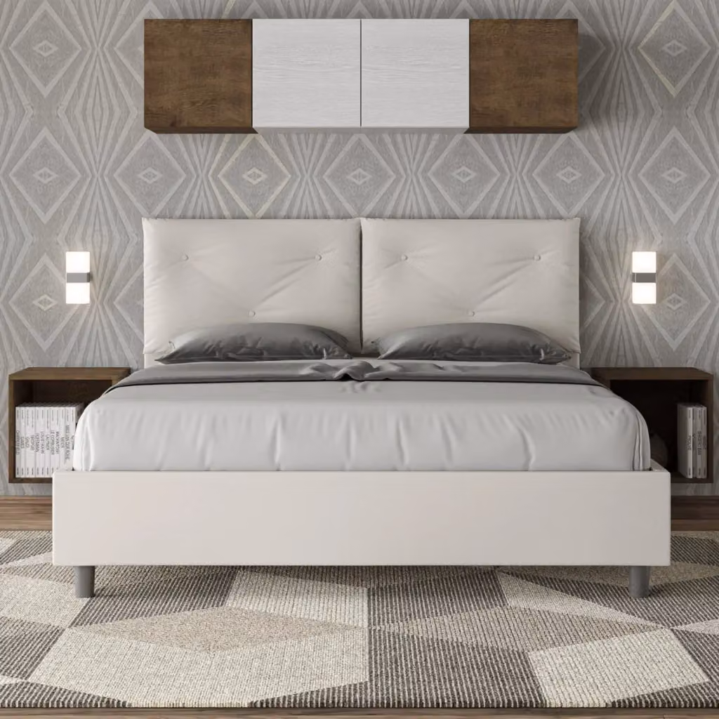 Letto Matrimoniale Appia Giordanoshop Bianco con Rete e Contenitore con Alzata Imbottito in Similpelle L/P/H: 160 x 200 x 110 cm – 2