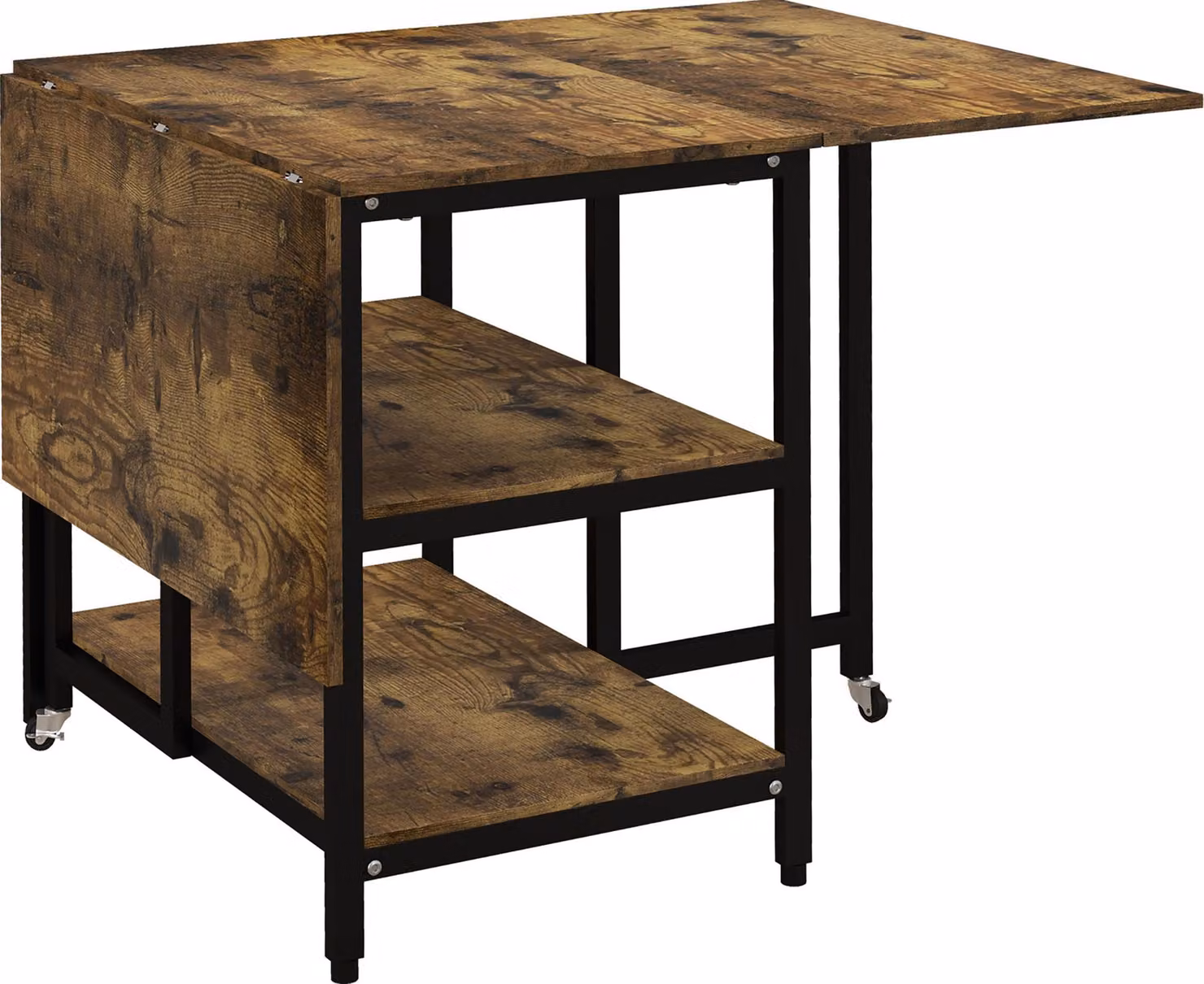 Fortuna Lai Tavolo da pranzo pieghevole con rotelle 140x80 cm 2-6 persone 2 ripiani Marrone rustico Acciaio
