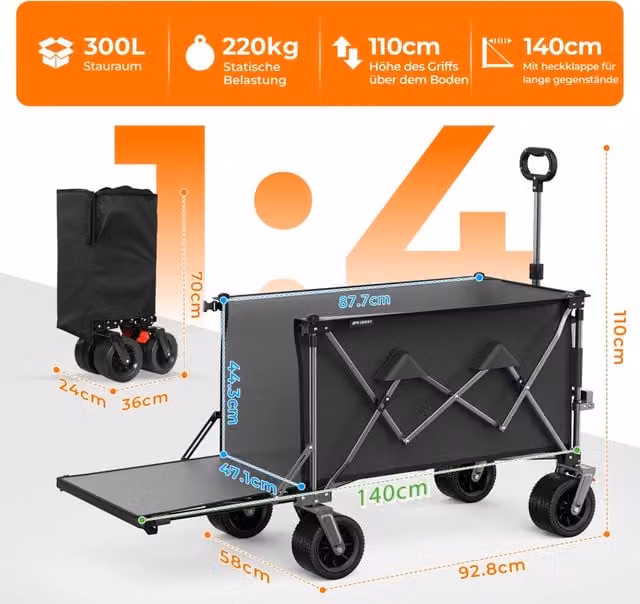 Carrello pieghevole WISHDOR con sponda posteriore estensibile e ruote all-terrain, nero/grigio