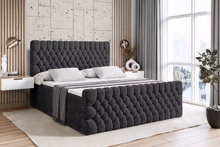 Letto boxspring ALTDECOR con pediera, materasso H3 e topper - 120 x 200 cm - SERENE-Z - Velluto nero - Letto imbottito con contenitore e rete a doghe, letto con spazio contenitivo