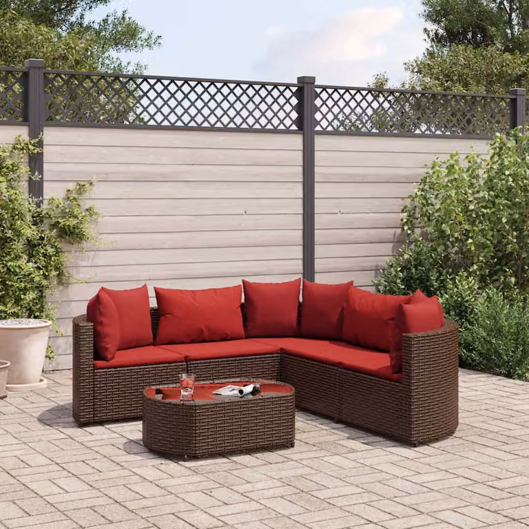 vidaXL Set Divano da Giardino 6 pz a L con Cuscini Marrone e Rosso in Polyrattan e Acciaio