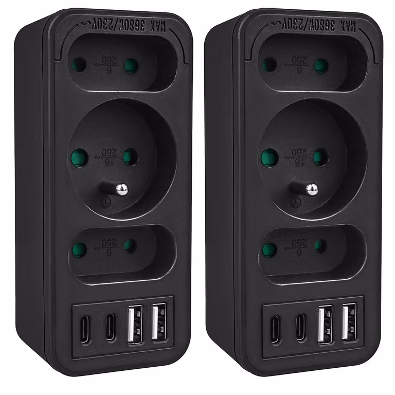 Connessione di potenza x3 + 4xUSB Distributore a 3 prese Maclean 2xUSB A 2xUSB C PD 20W 1x16A + 2x6A MCE248 F/B 2 pezzi