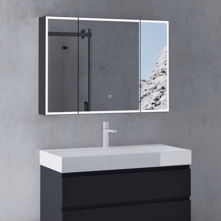 doporro Armadietto da Bagno con Specchio e 3 Ante 100x15x70a Muro Specchio Bagno Pensile con Contenitore e Luce LED Pensile da Bagno a Parete Antracite opaco Spiegelschrank-04