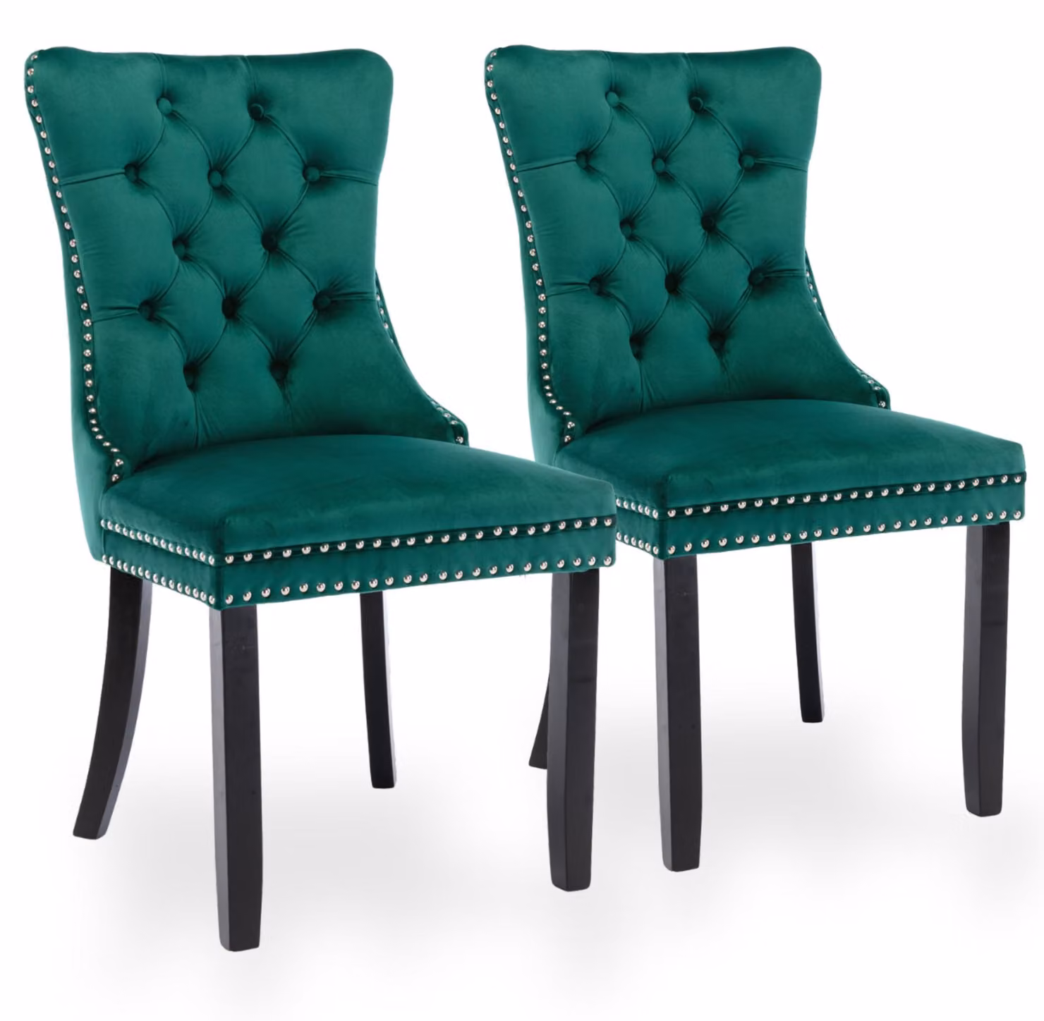 Set di 2 poltrone da pranzo in velluto, con schienale alto e struttura in legno di gomma, colore verde