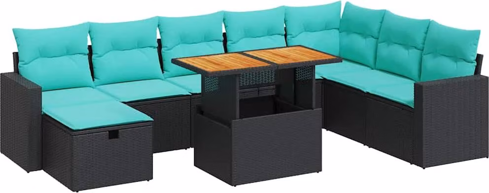 Set Divani da Giardino 9 pz con Cuscini Nero Polyrattan Acacia