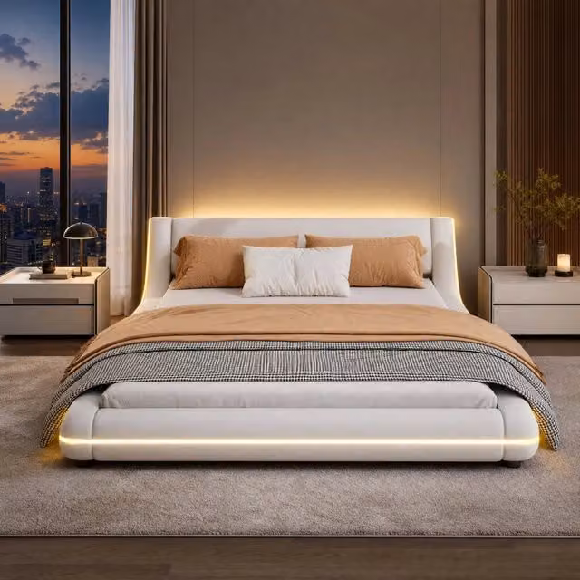 Letto a pavimento ULEVR 140x200 cm con LED multicolore regolabili via app, rivestimento in PU bianco