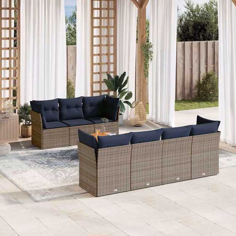 vidaXL Set di Divani da Giardino 8 Pezzi in Polyrattan con Cuscini e Tavolino, Design Moderno a L, Grigio e Blu