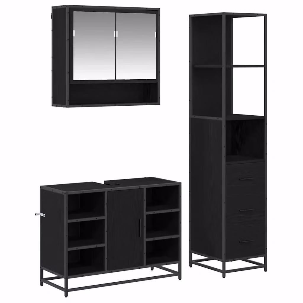 Set di mobili per il bagno moderno vidaXL 3 pezzi in rovere e nero con armadietto a specchio, mobile lavabo e colonna alta – 2