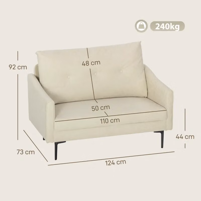 Divano a 2 posti Mivray moderno in tessuto bianco beige con schienale trapuntato e gambe in metallo L: 124 cm, P: 92 cm, H: 73 cm – 2