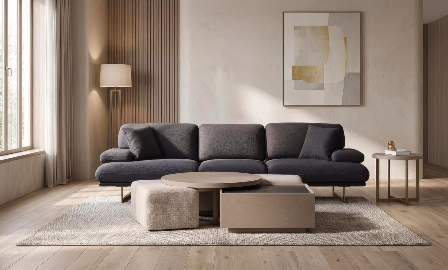 Divano, tavolino, tavolino ausiliario, poggiapiedi, design moderno, colore nero, elegante, lusso