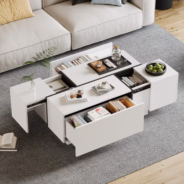 Tavolino moderno nero 100×60×40 cm con 4 cassetti e piano scorrevole