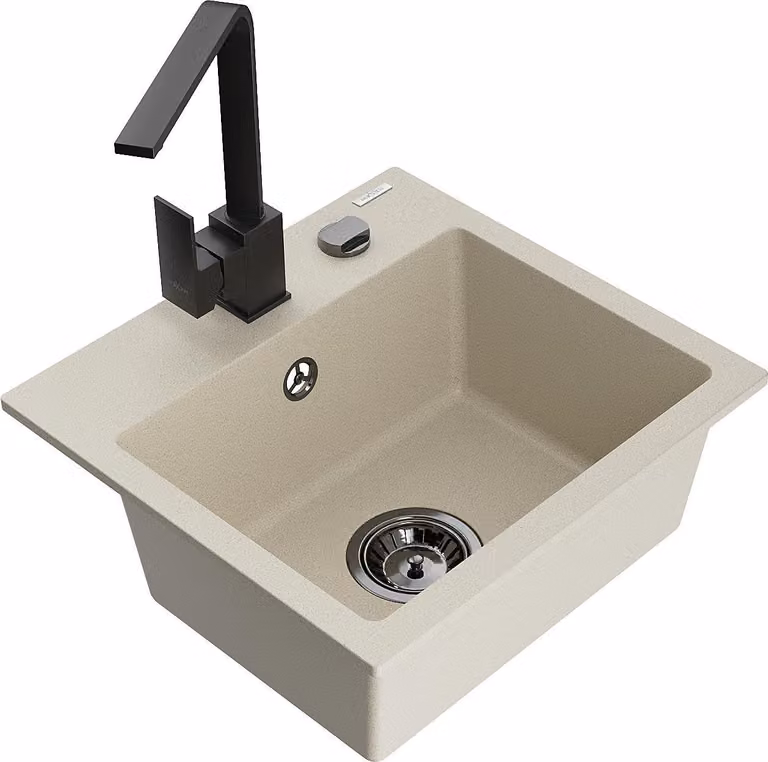 Mexen Milo lavello da cucina in granito a 1 vasca con miscelatore cucina Rita, beige - 6505-69-670300-70