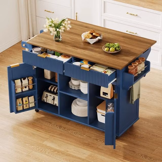 Isola da cucina moderna REDOM con ruote e piano ribaltabile in MDF, Blu e Marrone, L: 143 cm, P: 45-69 cm, H: 89,5 cm