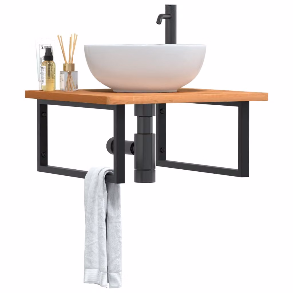 vidaXL Ripiano a Parete per Lavabo in Faggio Massello e Metallo, Nero e Marrone, L: 60 cm, P: 25 cm, H: 3 cm