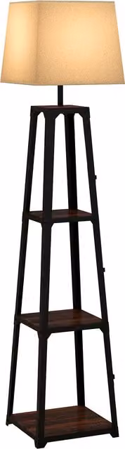 Lampada da terra HOMCOM con 3 ripiani in metallo e legno, paralume in tessuto cilindrico, Nero e Beige, H 166 cm, Ø 42 cm