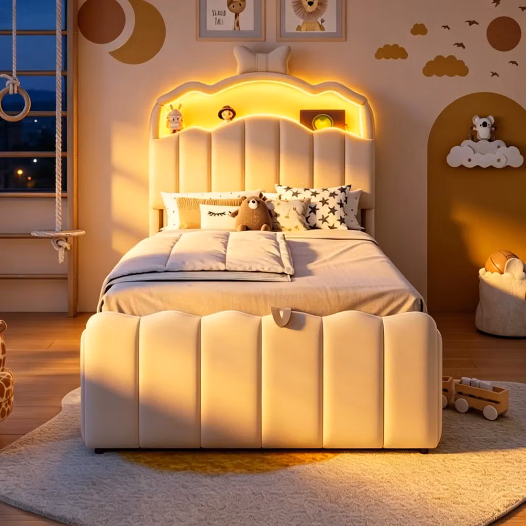 Letto per bambini REDOM in velluto beige con base a contenitore sollevabile, illuminazione sottostante, mensola e porta USB, L/P/H: 222 x 90 x 130 cm – 2