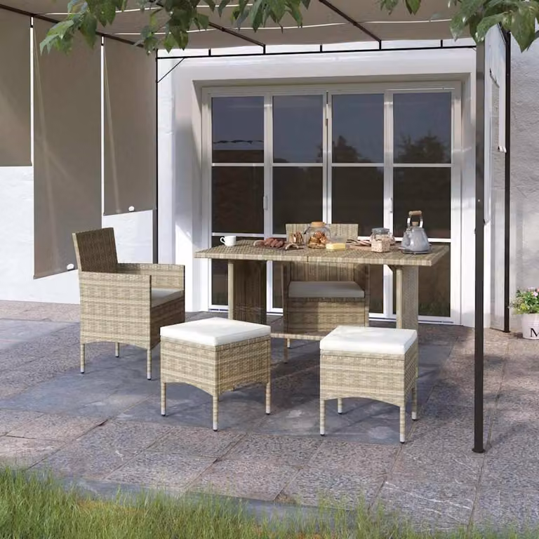Set di 4 sedie da giardino con poggiapiedi vidaXL in polyrattan beige e bianco con cuscini inclusi