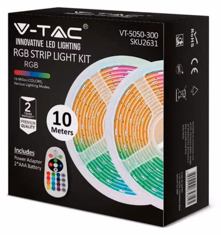 V-TAC VT-5050-300 Kit striscia led RGB SMD5050 10M (2x5mt) 4,8W/M 12V IP20 + controller + alimentatore - sku 2630
