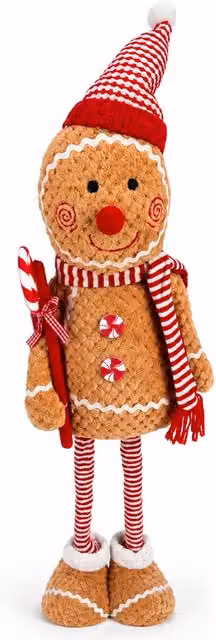 Pupazzo Pan di Zenzero Natalizio Saint Joy in Peluche con Gambe Telescopiche, Decorazione di Natale Espandibile da 50 a 80 cm, Colore Marrone, Rosso e Bianco