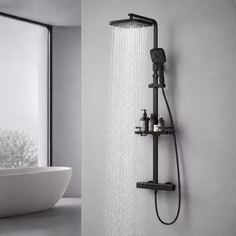 Sistema doccia con termostato, nero, angolare, con ripiano, altezza regolabile da 1010 a 1260 mm. Include doccia a pioggia e soffione manuale. Termostato di sicurezza a 38°C. Installazione senza foratura