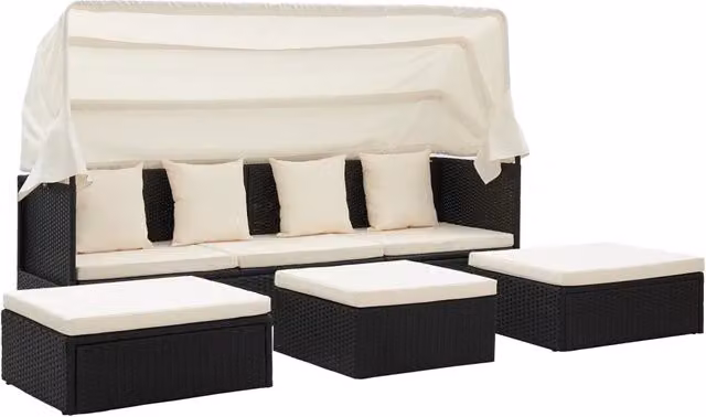 Lettino da Giardino con Tettuccio in Polyrattan Nero 46156