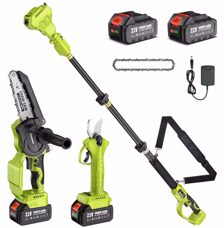 Potatore elettrico multifunzione - 4 in 1: potatore a mano e cesoie per rami - Motore brushless - Telescopico - Lama da 15 cm - 2 batterie da 4,0 Ah