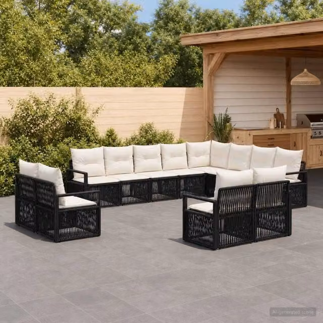 Set Divano da Giardino a Forma a U vidaXL in Polyrattan Nero con Cuscini e Rivestimenti Rimovibili – 1