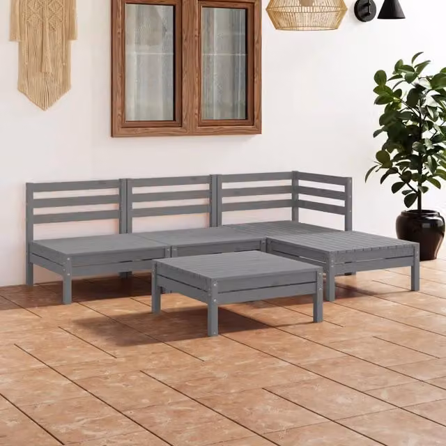 Set Salotto da Giardino 5 pz in Legno Massello di Pino Grigio 3082634