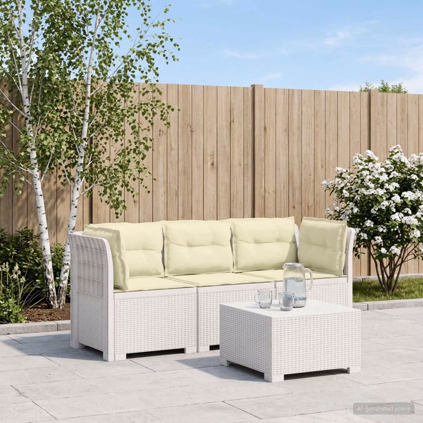 vidaXL Divano da giardino a 3 posti moderno con cuscini bianchi in look rattan e tessuto resistente alle intemperie
