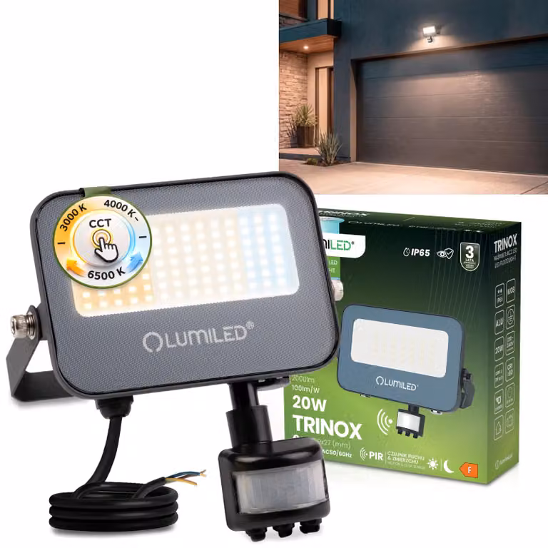 Faretto LED LUMILED per esterni 20W 2000lm CCT 3000K 4000K 6500K con sensore di movimento Sensore crepuscolare IP65 Impermeabile Proiettore Faretto per esterni Giardino Garage Cortile Faretto da parete Alluminio Grigio Faretti Proiettori neri Proiettori