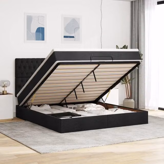 Letto moderno vidaXL con contenitore a sollevamento, illuminazione sottostante e porta di ricarica USB, colori nero e bianco, L/P/H: 180 x 200 x 128 cm – 1