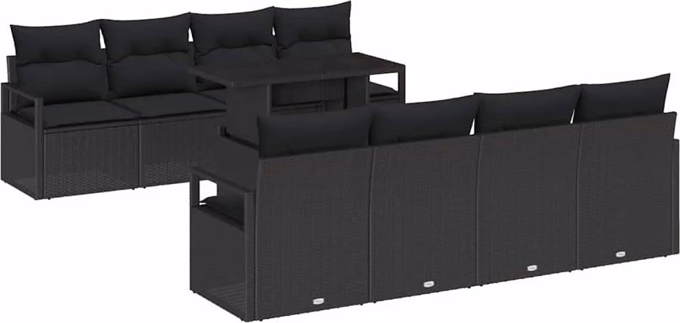 Set Divano da Giardino con cuscino 9 pcs Nero Poly Rattan