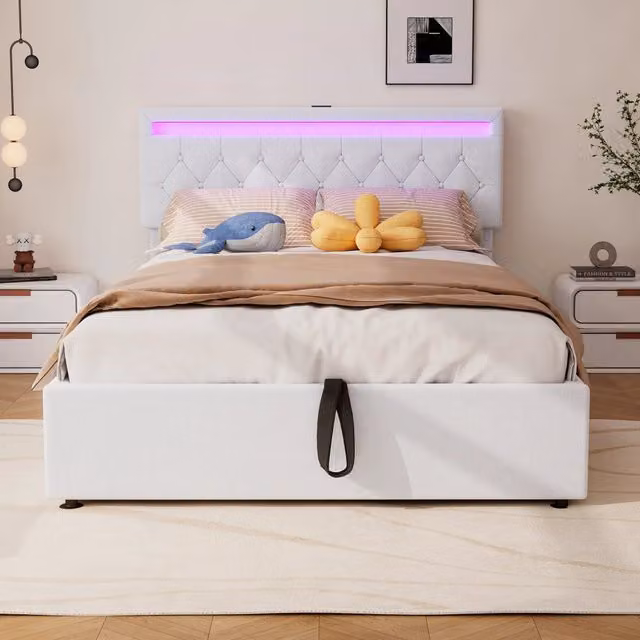 Letto imbottito bianco 140x200 cm con contenitore idraulico; LED multicolore e prese USB e USB-C